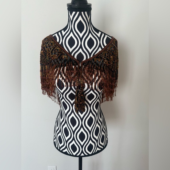 Gorgeous Vintage 70s 80s Sequin & Beaded Art Deco Shawl Capelet Rose Gold Bronze - Picture 4 of 15
